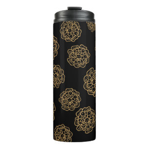 Elegantes Halloween Golden Gelbe Blumen auf Schwar Thermosbecher