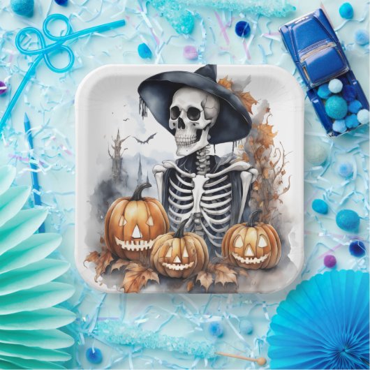 Elegantes Halloween-Wasserfarbenskelett Pappteller (Party)