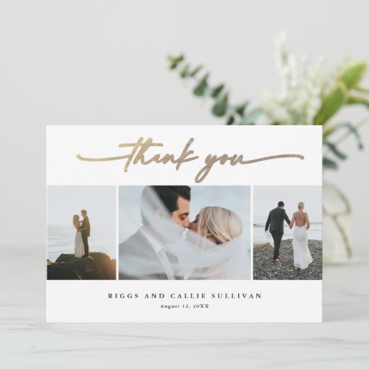 Elegantes handgeschriebenes Gold Script-Hochzeitss Dankeskarte (Stehend Vorderseite)