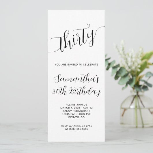Elegantes handgeschriebenes Skript 30. Geburtstag Einladung (Stehend Vorderseite)
