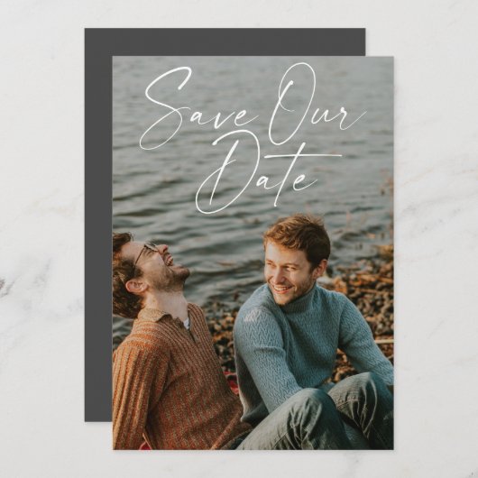 Elegantes, handgeschriebenes Skript-Foto-Overlay Save The Date (Vorne/Hinten)