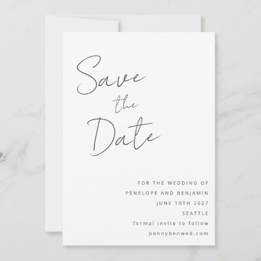 Elegantes handgeschriebenes Skript Schwarz-weiß We Save The Date (Vorderseite)
