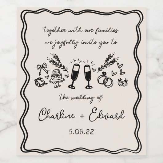 Elegantes handgezeichnetes Retro Black Wedding Win Weinetikett (Einzelnes Label)