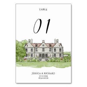 Elegantes handgezeichnetes Venue Mansion Illustrat Tischnummer