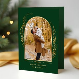 Elegantes handgezogenes Gold-Holly-Arch-Foto Feiertagskarte
