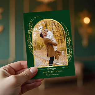 Elegantes handgezogenes Gold-Holly-Arch-Foto Folien Feiertagskarte