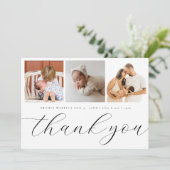 Elegantes Handlettern Script 3 Foto New Baby Dankeskarte (Stehend Vorderseite)