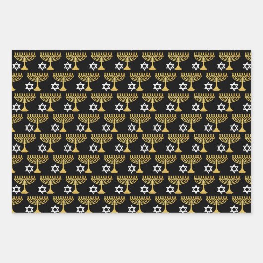 Elegantes Hanukkah Holiday Pattern Gold Geschenkpapier Set (Vorderseite)