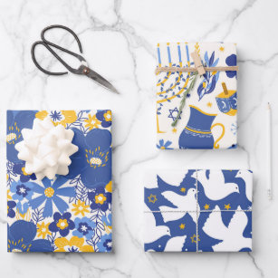Elegantes Hanukkah Muster Gelb und Blau Geschenk Geschenkpapier Set