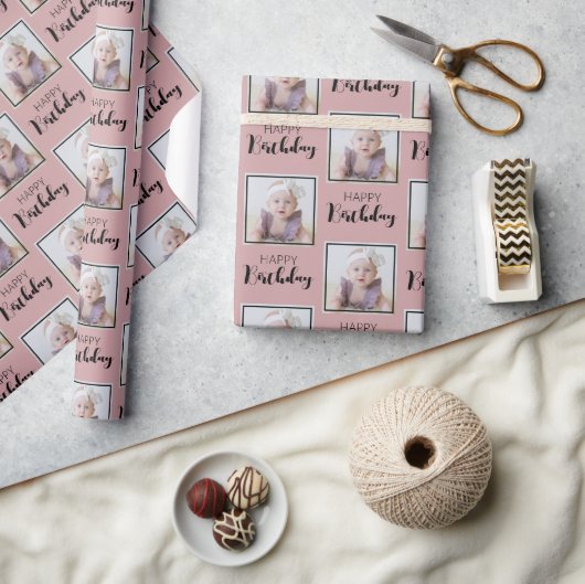 Elegantes Happy Birthday Custom Foto Modernes Must Geschenkpapier (Kunsthandwerk)