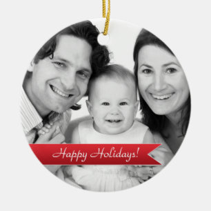 Elegantes Happy Holidays Red Ribbon Family Foto Keramikornament