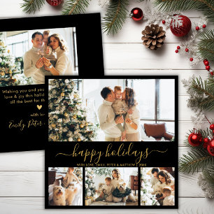 Elegantes Happy Holidays Script Black Gold 5 Foto Feiertagskarte