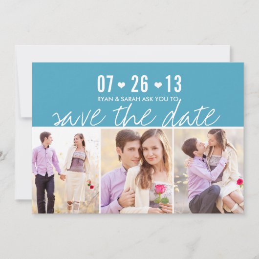 Elegantes Heart Blue Save the Data mit Fotos Date (Vorderseite)