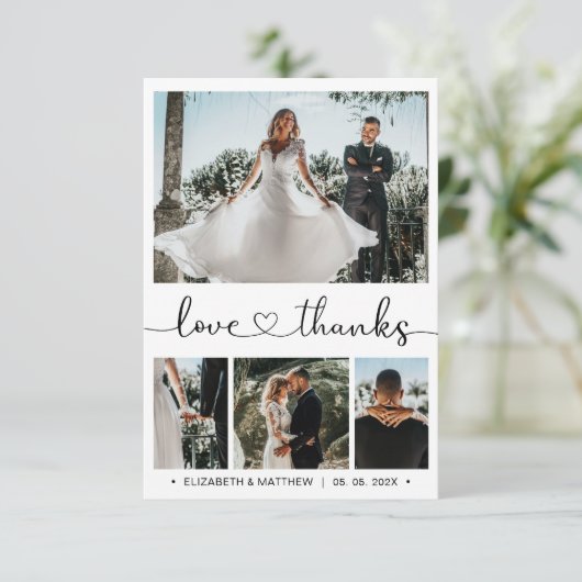 Elegantes Heart Script 4 Foto Wedding Vielen Dank Dankeskarte (Stehend Vorderseite)