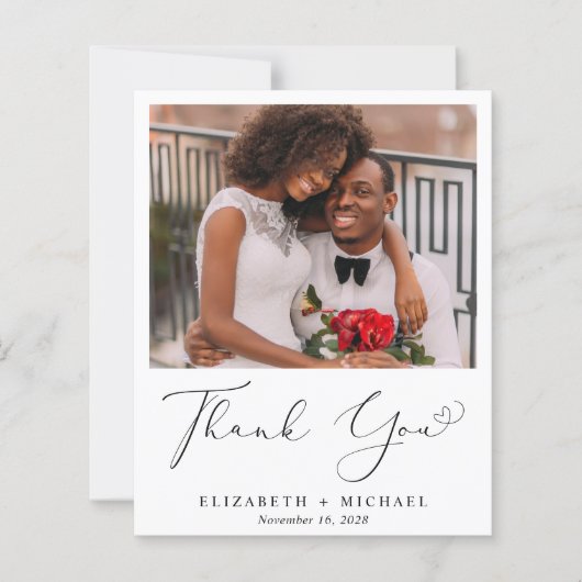 Elegantes Heart Script Wedding Foto Danke Karte (Vorderseite)