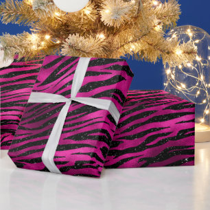 Elegantes heißes Rosa und schwarze Glitter-Tigerst Geschenkpapier
