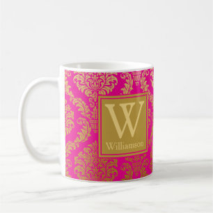 Elegantes heißrosa und goldenes Damast Personalize Kaffeetasse