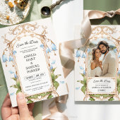 Elegantes hellblau und goldblütig Save the Date Einladung