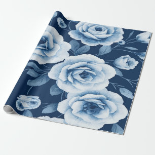 Elegantes hellblaues Blumenmuster auf tiefblauem H Geschenkpapier