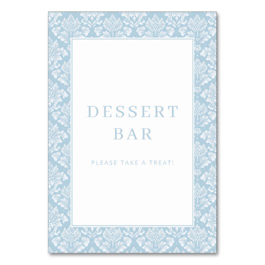 Elegantes Hellblaues Damast Dessertbar-Schild Tischnummer (Vorderseite)