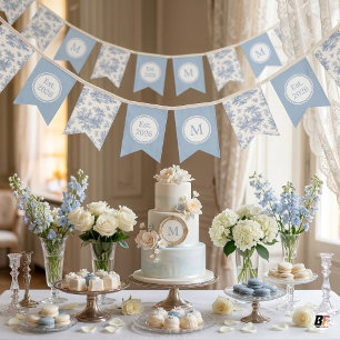 Elegantes Hellblaues Toile Monogramm Est. 2026 Wimpelkette
