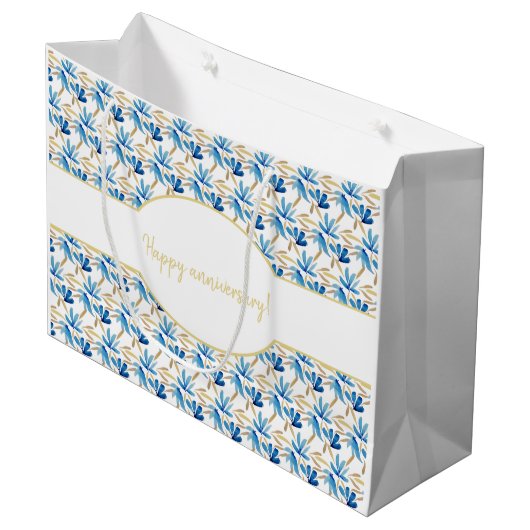 Elegantes helles blau-goldfarbenes Wasser Große Geschenktüte (Vorderseite Schrägansicht)