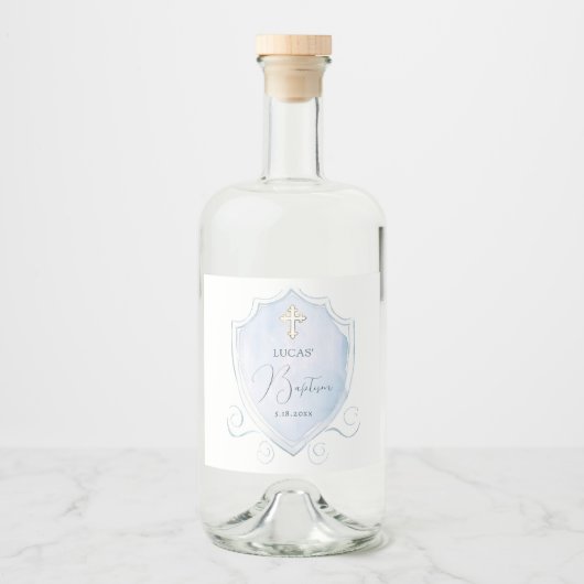 Elegantes helles blaues Wasserfarben Wappen Taufe Alkoholflaschenetikett (Vorderseite)