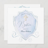 Elegantes helles blaues Wasserfarben Wappen Taufe Einladung (Vorne/Hinten)