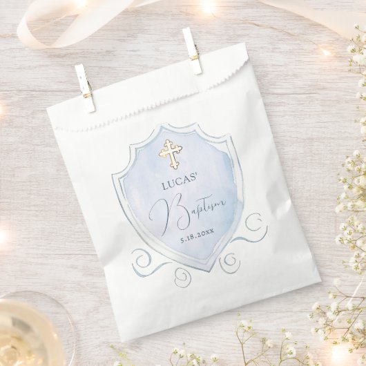 Elegantes helles blaues Wasserfarben Wappen Taufe Geschenktütchen (Ausgeschnitten)