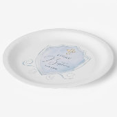 Elegantes helles blaues Wasserfarben Wappen Taufe Pappteller (Schrägansicht)