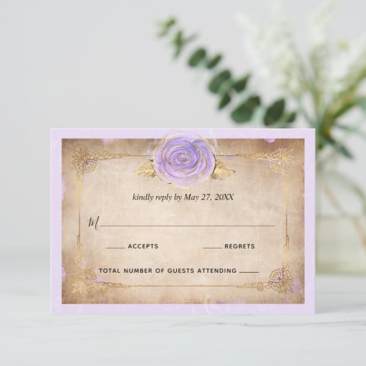Elegantes helles Lila und goldenes Rose Parchment RSVP Karte (Stehend Vorderseite)