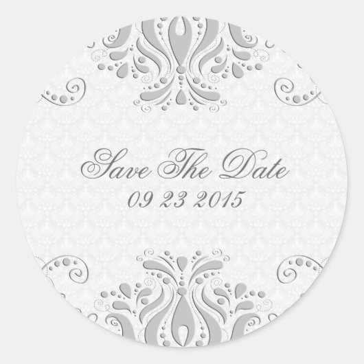 Elegantes hellgraues Blumenmotiv & weiße Damaskus Runder Aufkleber (Vorderseite)
