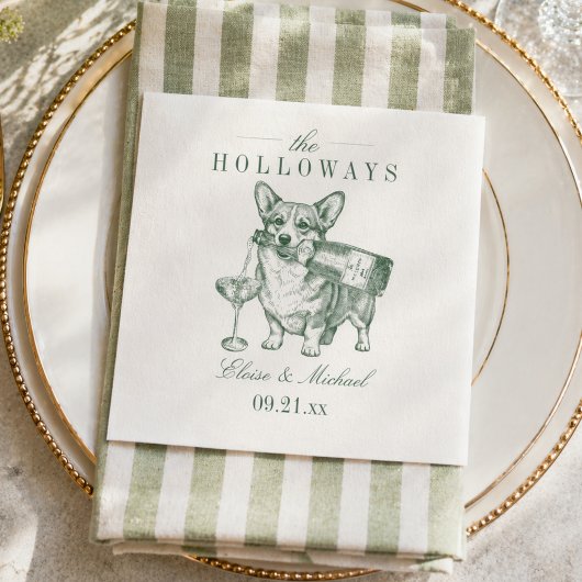 Elegantes Hellgrün Corgi Champagner Hochzeit Serviette