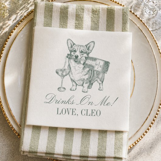 Elegantes Hellgrün Corgi Champagner Hochzeit Serviette