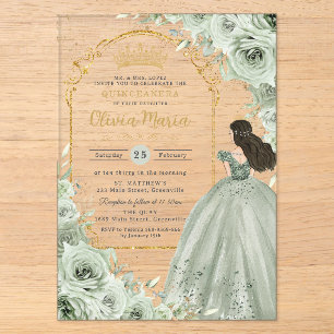 Elegantes Hellgrün Florales Rosen Prinzessin Quinc Acryleinladungen