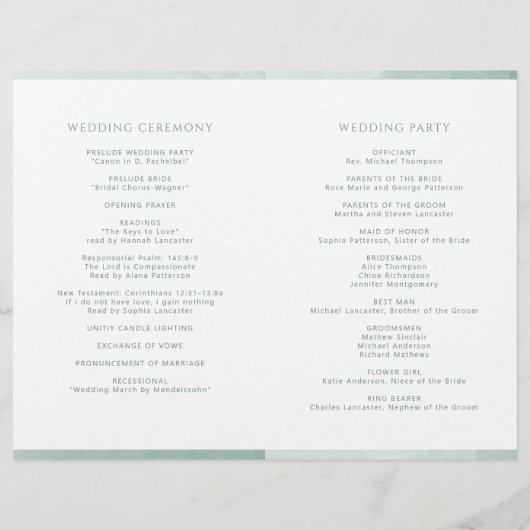 Elegantes, hellgrün geflochtenes Hochzeitsprogramm (Rückseite)