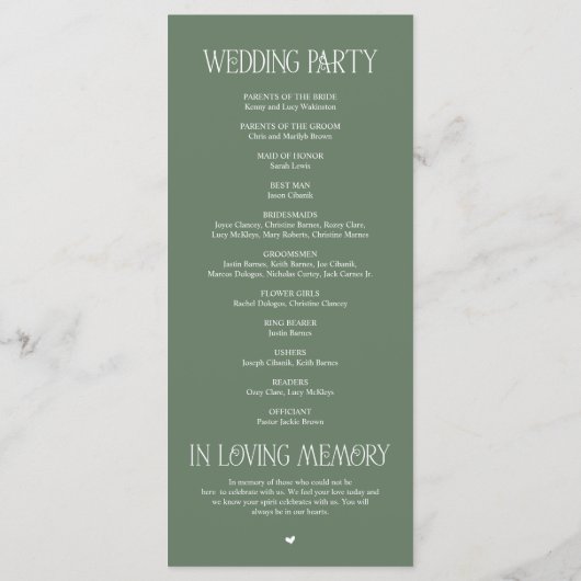 Elegantes Hellgrün-Typography-Hochzeitsprogramm Programm (Rückseite)