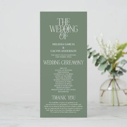 Elegantes Hellgrün-Typography-Hochzeitsprogramm Programm (Stehend Vorderseite)