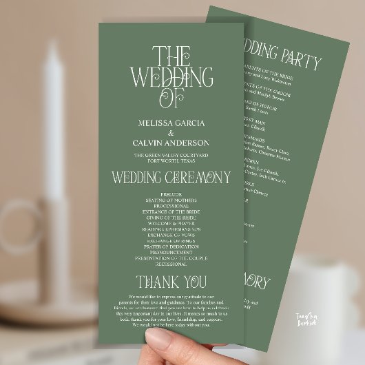 Elegantes Hellgrün-Typography-Hochzeitsprogramm Programm