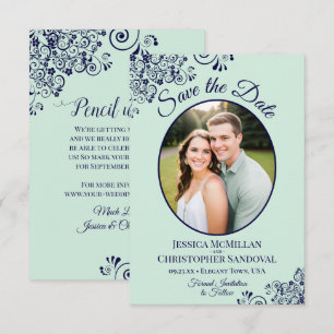 Elegantes Hellgrün und Marineblaues Oval-Foto-Hoch Save The Date