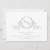 Elegantes, hellgrünes Aquarellfarbenmonogramm Save The Date (Vorderseite)