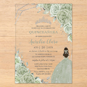 Elegantes Hellgrünes Florales Prinzessinnen Silber Acryleinladungen