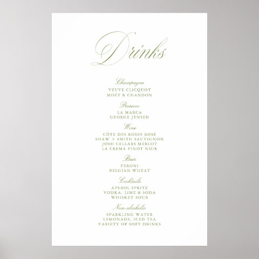 Elegantes Hellgrünes Hochzeitsgetränke-Bar-Menü Pa Poster (Vorne)