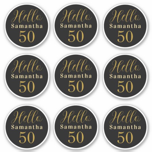Elegantes Hello 50 Schwarz Gold Personalisierter G Aufkleber (Vorderseite)