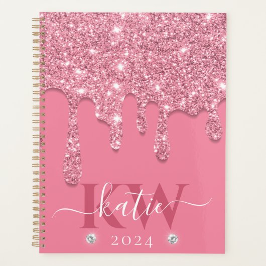 Elegantes hellrosa Dripping Glitzer Monogram Planer (Vorderseite)