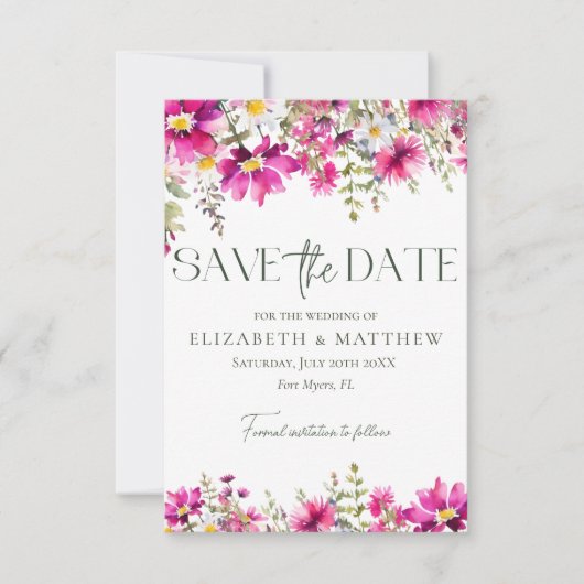 Elegantes, hellrosa Wildblumen Foto Hochzeit Save The Date (Vorderseite)