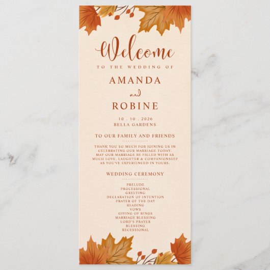 Elegantes Herbst-Ahornblätter-Hochzeitsprogramm Programm (Vorderseite)