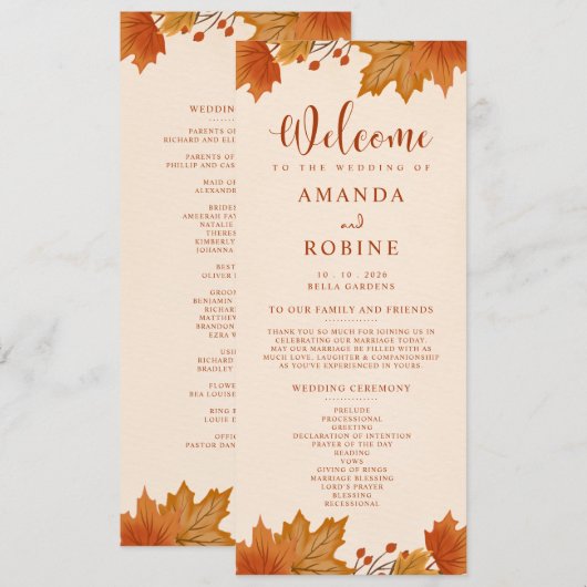 Elegantes Herbst-Ahornblätter-Hochzeitsprogramm Programm (Vorne/Hinten)