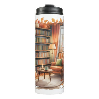 Elegantes Herbst-Bücherregal mit Flaschen — Cozy