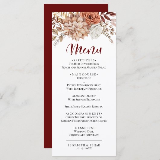 Elegantes "Herbst Burgund Floral Wedding Flat Menu Menükarte (Vorne/Hinten)